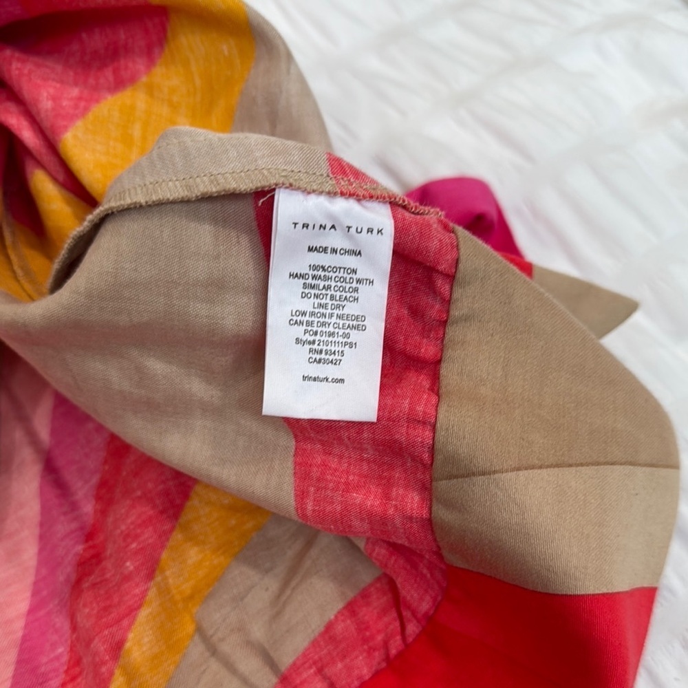 Trina Turk 100% Cotton Pink Yellow Beige side Tie Front Blouse Size L - Picture 7 of 8